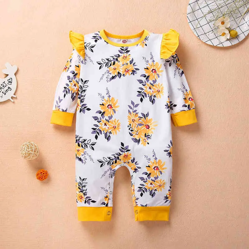 Printemps nouveau-né enfants bébé fille doux vêtements floraux barboteuse jaune combinaison body automne tenues G1221