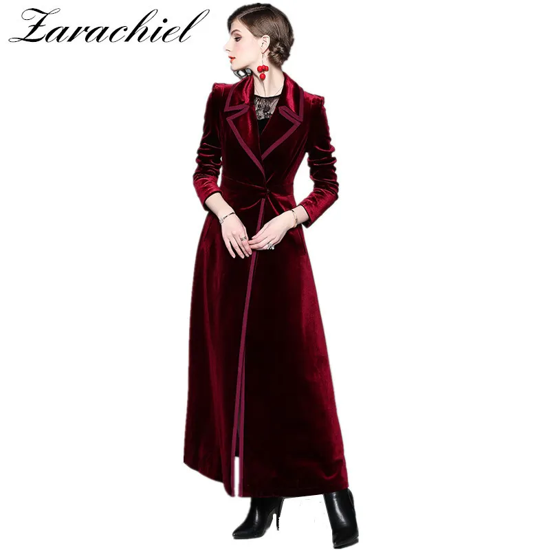 Spring Autumn Burgundy Velvet X-Long Overcoat Women's Notched Collar Outwear Vintage Ankle Length Thick Maxi Trench Coat 210416