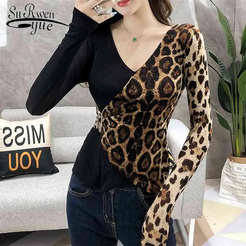 Chemises pour femmes automne dames hauts décontracté léopard à manches longues femmes T-Shirts élégant bureau dame col en v haut femme 6241 210406