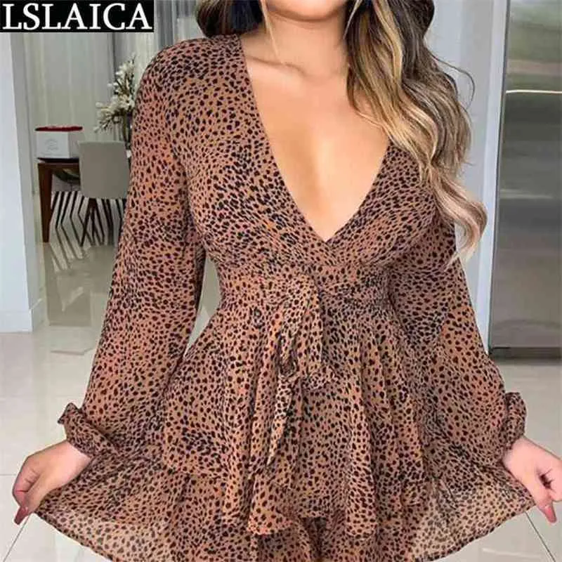 Long Sleeve Bodycon Dress Women Leopard Print A Line Deep V Neck Sexy Vintage Fashion Elegant Autumn Summer Womens Clothes 210515