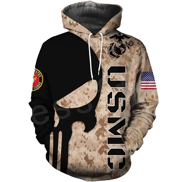 Tessfel America Marine Camo Skalle Soldat Armé Tracksuit Newfashion Pullover 3Dprint Unisex Zip / Tröjor / Jacka A-10 G0909