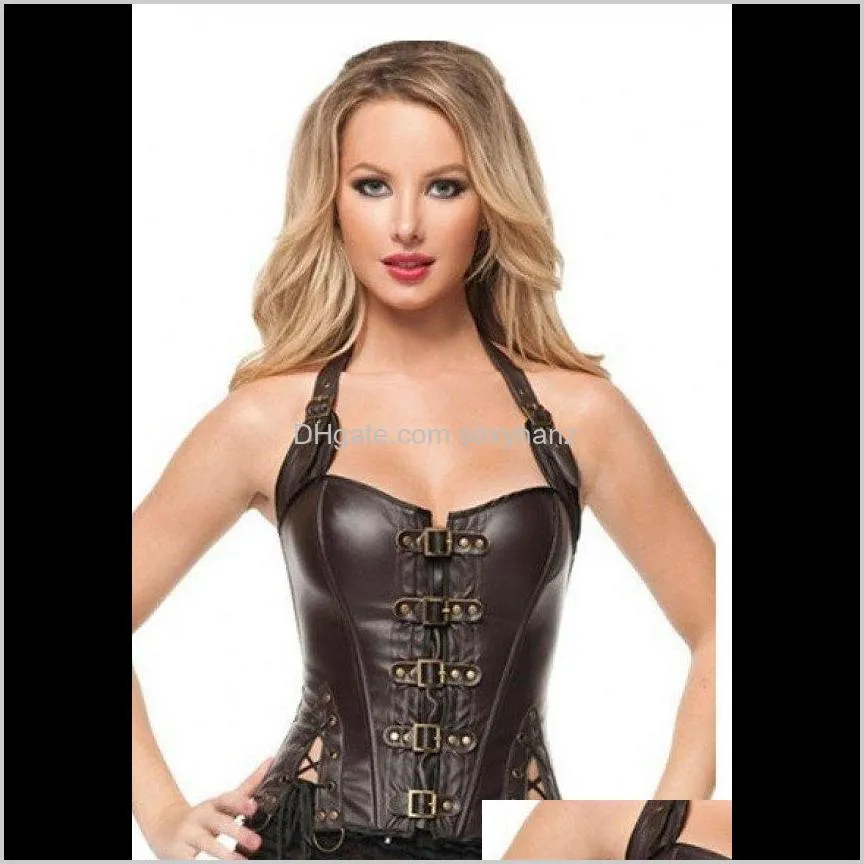 new steampunk corset women sexy neck strap coffee black gothic corsets and bustier overbust outwear corselet top fashion korse 6nh3#