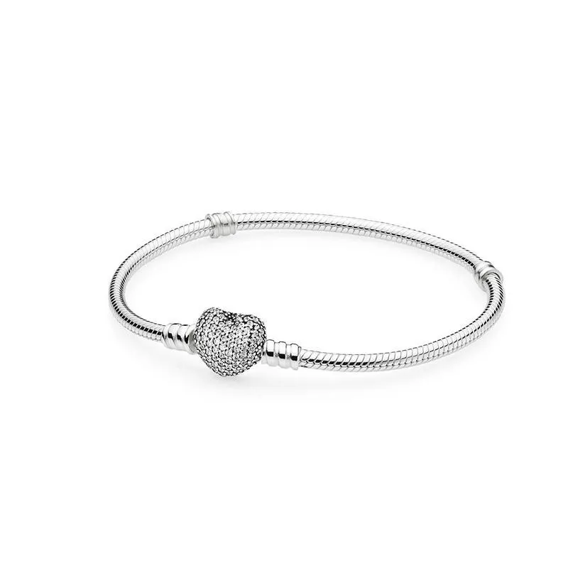 Authentische 925er-Sterlingsilber-Herzanhänger-Armbänder mit Box, passend für europäische Pandora-Perlen, Schmuck-Armreif, echtes Armband für Frauen