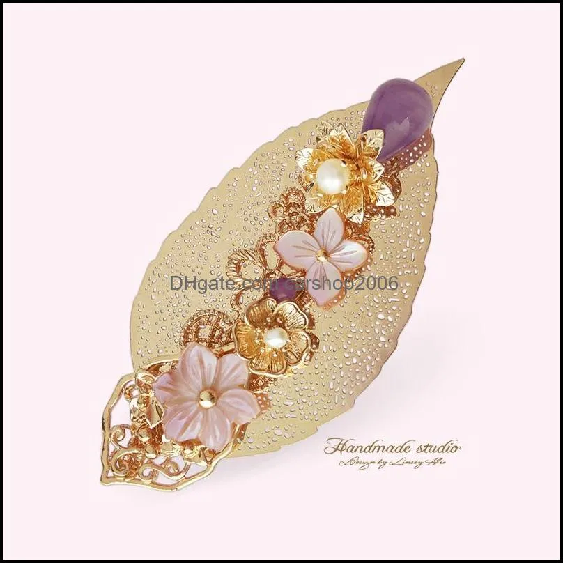 Épingles, broches bijoux Ijing naturel perle épingles à cheveux pour femmes grande taille violet clair cristal coiffure à la main fleur feuille broche goutte livraison