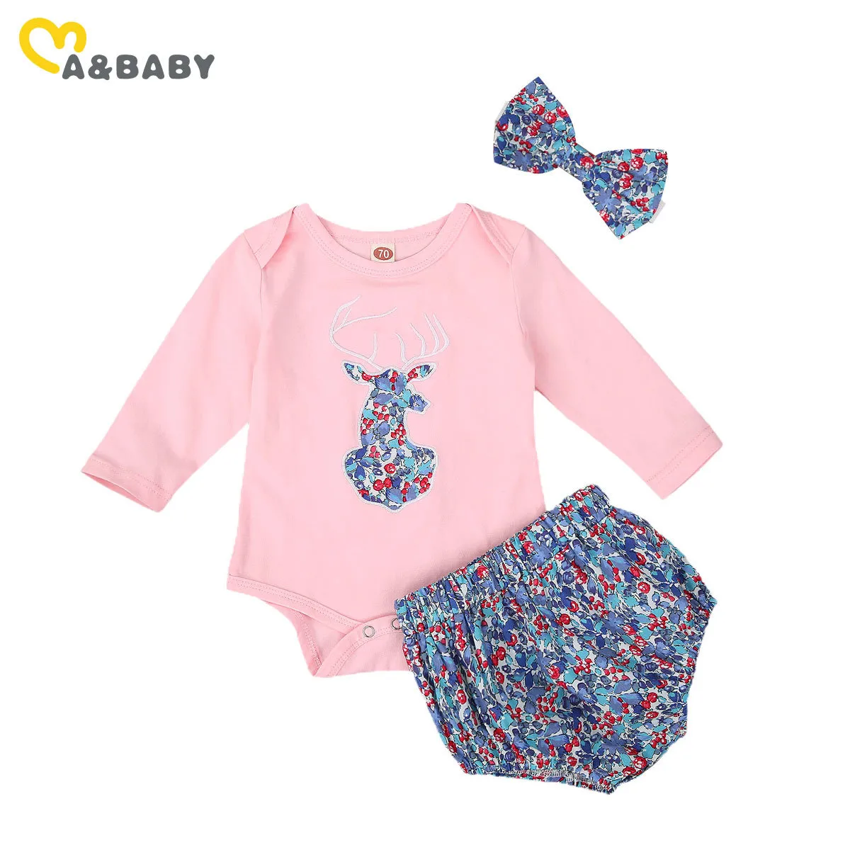 0-24M Christmas Deer born Infant Baby Girl Clothes Set Pagliaccetto a maniche lunghe Pantaloncini floreali Abiti Abbigliamento natalizio 210515