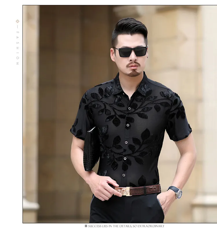 Mens Lace Embroidery Slim Fit See Through Shirt Transparent