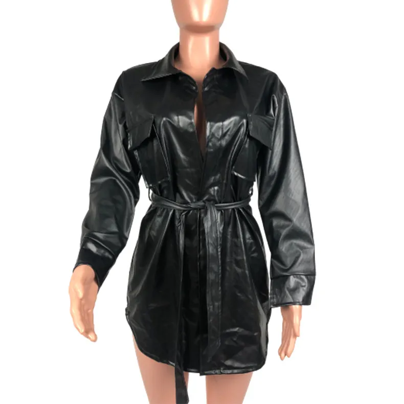 Vintage PU Leather Short Black Leather dress for Women - Fashionable and Casual Vestidos for Spring and Autumn (210427)