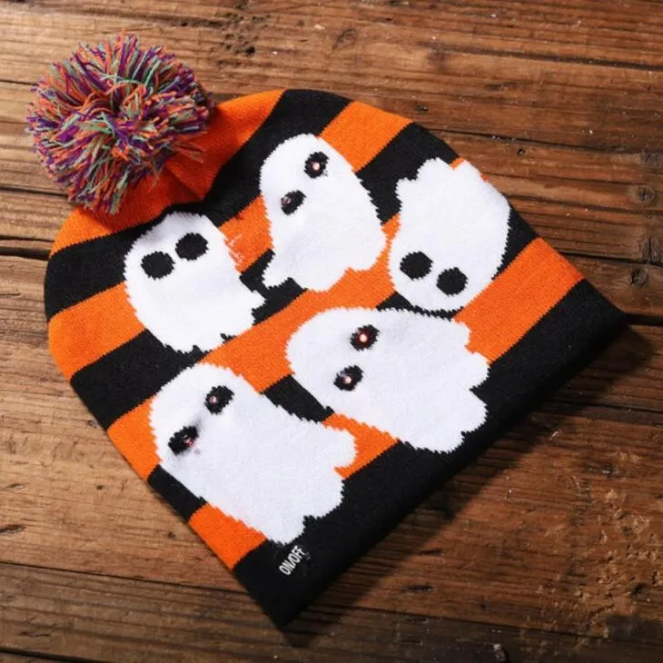 Led Halloween Knitted Hats For Pumpkin Acrylic skull cap Kids Baby Moms Warm Beanies Crochet Winter Caps party decor gift LX2100