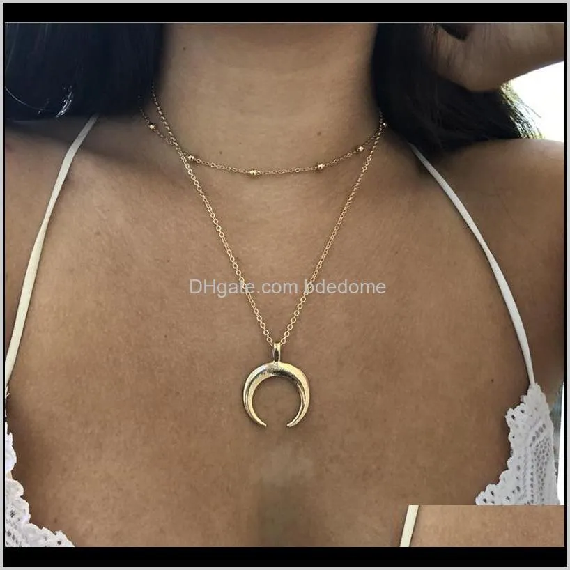 Colliers de boucles pendentifs bijoux livraison drop livraison 2021 Collier ￠ deux couches Collier en m￩tal Cha￮ne Cha￮ne Chure Chaur Moon Ox Horne Pendant Sier Gold Colo