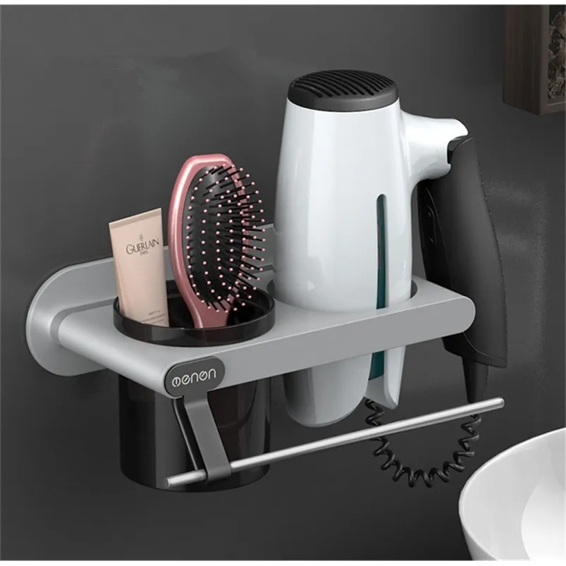 Wall Mounted Hair Dryer Holder Bathroom Shelf for Bathroom Storage Rack Bathroom Supplies with Towel Hanger Hair Dryer Rack 210811