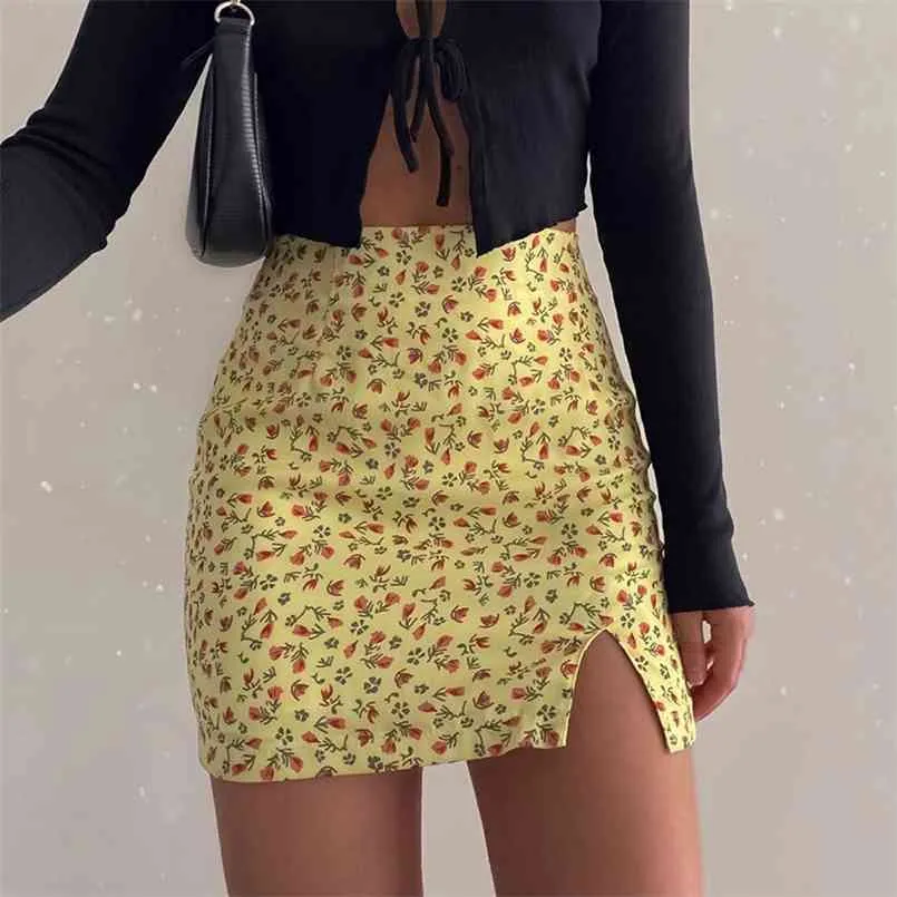 Zomer Dames Slim Floral Split Hip Rok Sexy Print Hoge Taille Party Zwart Dames Korte Beach S 210508