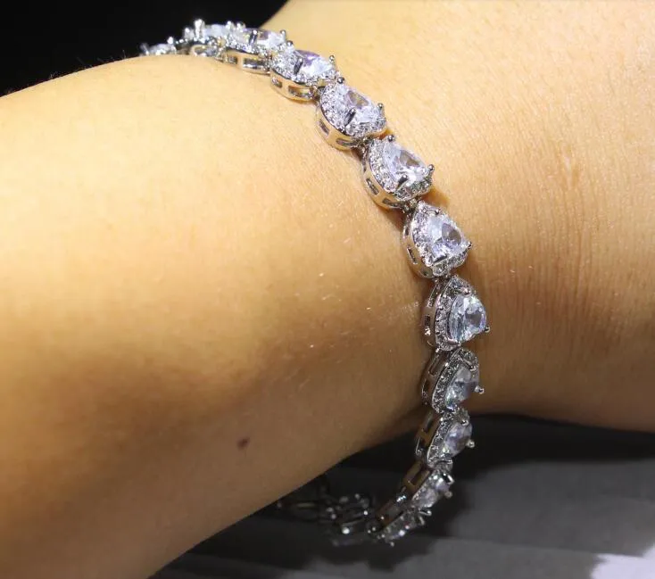 Bracciale da sposa con diamanti CZ in argento sterling 925 con topazio bianco taglio principessa completo per donna, selezione di cristalli quadrati a cuore circolare