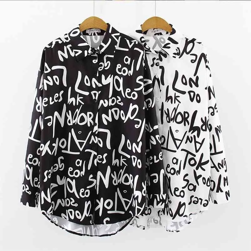 Wiosna Jesień Z Długim Rękawem Kobiety Bluzki Graffiti List Drukowanie Bluzka Moda Casual Luźne Koszule Topy Blusas Mujer 210715