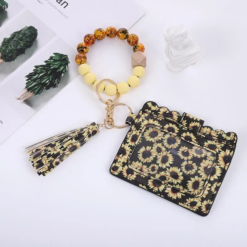 Bead bracelet Leopard Print PU Leather bracelet Tassel Party Favor Keychain Card Case ID Bag Coin Purse Wristlet Keychains Handbag Women Jewelry