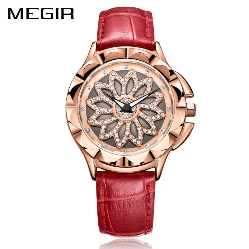 Armbandsur Megir Lyx Kvinnor Klockor Fashion Rotated Dial Ladies Quartz Watch Red Leather Girl Clock Relogio Feminino