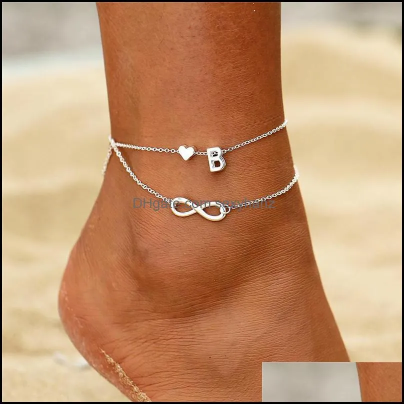 Anklets Boho Initial Anklet Heart Infinity Sier Color Ankle Bracelet On Leg Chain 26 Letter For Women Beach Foot Jewelry Drop Delivery 2021