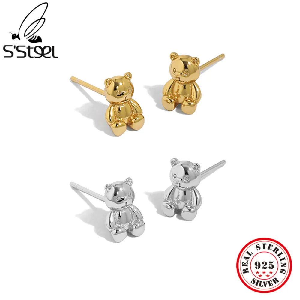 S'STEEL Sterling Silver 925 Stud Earrings Gift For Women's Cute Bear Earring Korean Gothic Funny Earings Fine Jewelry Pendientes