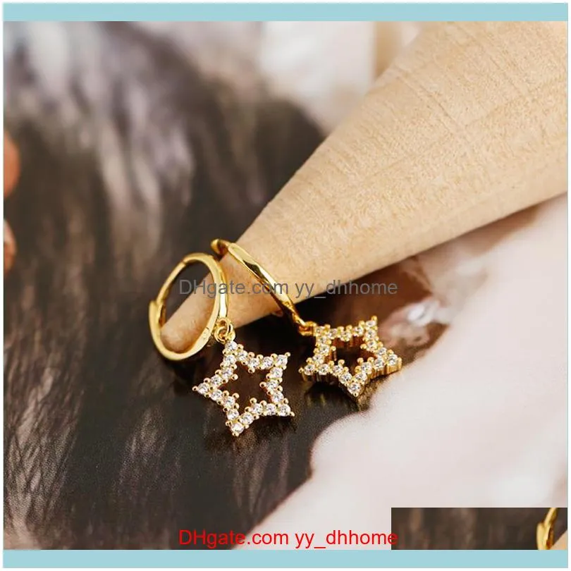 100% 925 Silver Gold Color Star With White Bright Zircon Crystal Stone Hoop Earring For Women Penfientes Ear Piercing 2021 & Huggie