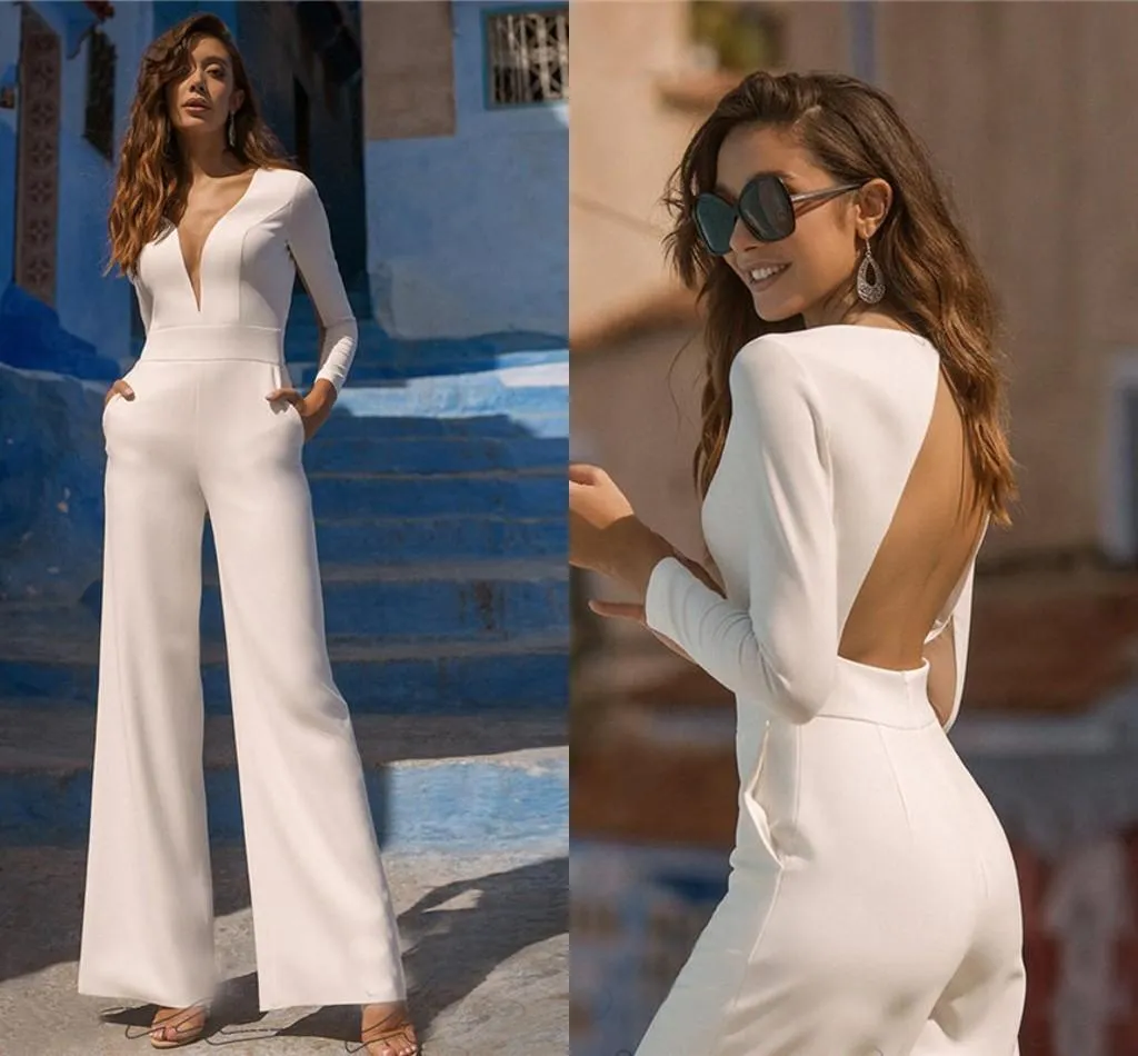 Zarif Boho Beach Bir Çizgi Tulumlar Gelinlik Uzun Kollu Cepler Ile Gelin Resepsiyon Tulum Örgün Gelin Pantsuits Robe De Mariee Custom Made