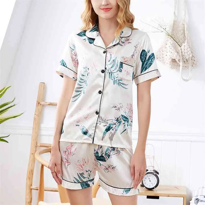 FallSweet Silk Pajamas for Women Short Sleeves Ladies Sleepwear Print Two Piece Set Nightwear Casual 210809