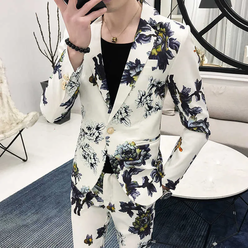 (Kurtki + spodnie) 2021 Męskie Spring Drukowane Business Blaazers / Mężczyzna Slim Fit Casual Suit of Dwóch Sztuk Groom Suknia ślubna S-3XL X0909