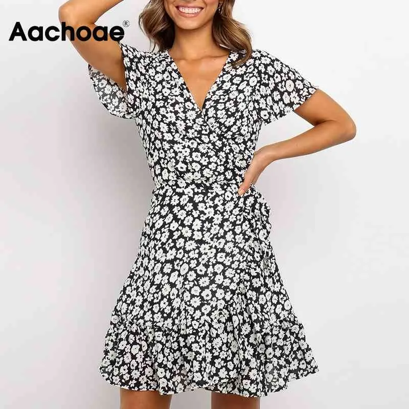 Aachoae Yaz V Boyun Çiçek Baskı Bir Çizgi Elbise Ruffles Flare Kısa Kollu Plaj Elbise Kadın Wrap Mini Elbiseler Robe Ette Femme 210413