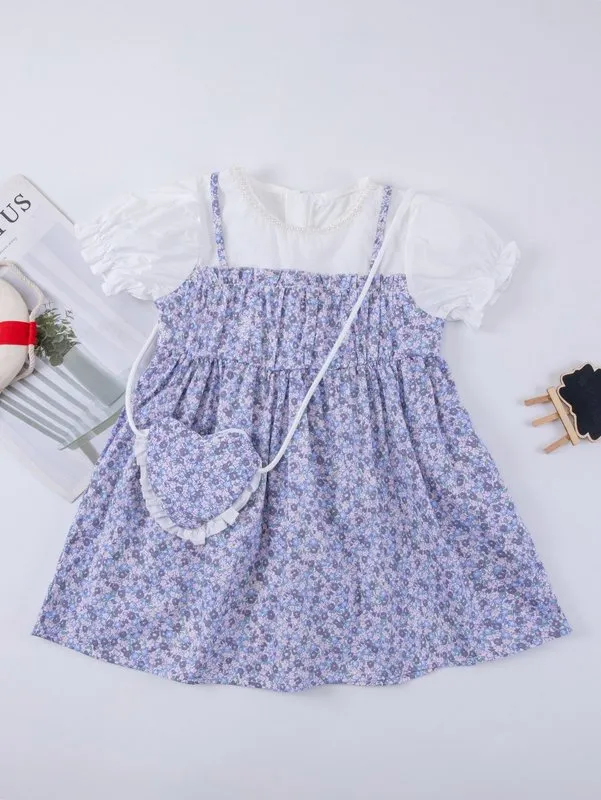 Toddler kızlar 2 in 1 Ditsy çiçek babydoll elbise çanta ile o