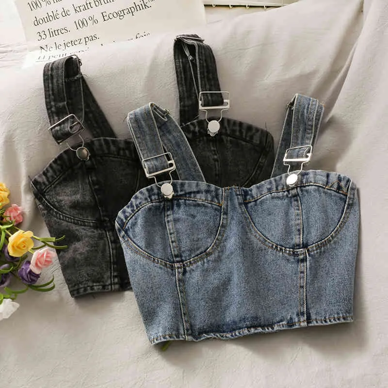 Korean short cropped umbilical beauty back sexy denim vest women's tops summer folds Slim outer wear camisole 210420