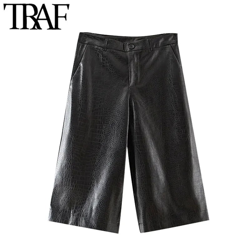 TRAF Moda Fashion Side Bolsos Faux Leather Bermuda Shorts Vintage Cintura alta Zíper Feminino Calças Curtas Mujer 210415