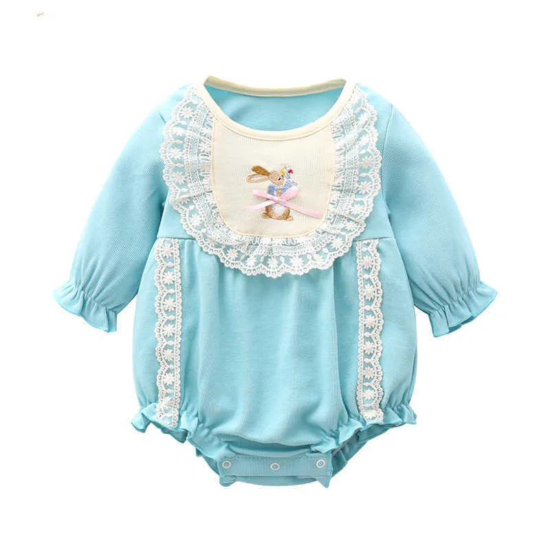 Baby Girl Easter Rabbit Pagliaccetti nati Princess Lace Jumpsuit Infant Cotton Pagliaccetto Toddler Boutique Abiti da ricamo 210615