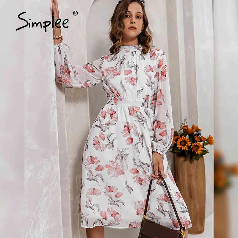 Casual Floral Print Långärmad Klänning Vår Hög Waist Stand Collar Kvinnor Sundress Elegant Office Ladies Vestidos 210414