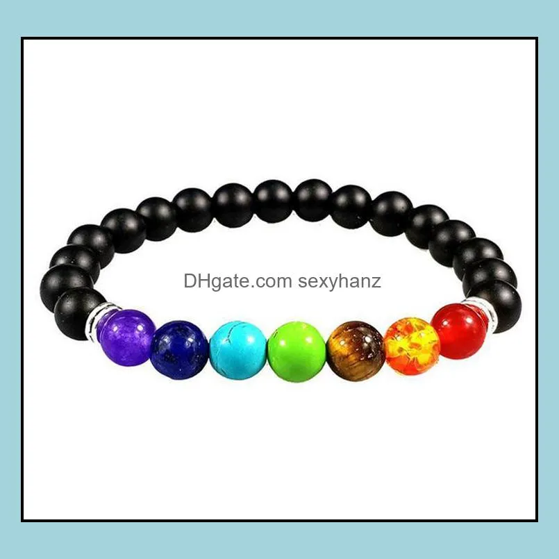 Mm 7 Chakra Healing Balance Beaded Bracelet Black Matte Stone Lava Bead Natural Yoga Reiki Blessing Charm Stretch Bangle Beaded,