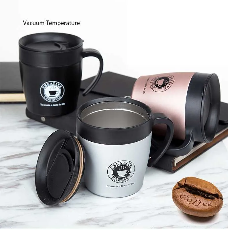 Rękojeść kubek kawy ze stali nierdzewnej Termos Cups Flask Próżniowy Thermo Butelka Wody Dorosłych Bussiness Men Tea Portable Thermocup 330ml 210615