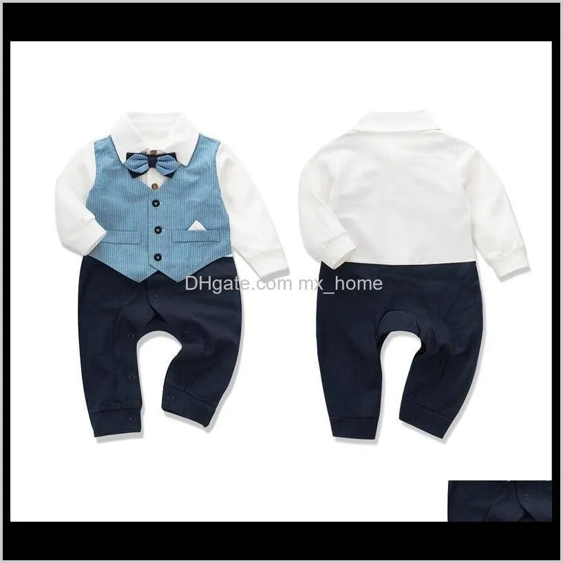 2021 new baby gentleman rompers toddler long sleeve jumpsuits with bowtie infant cotton onesies kids one-piece overall