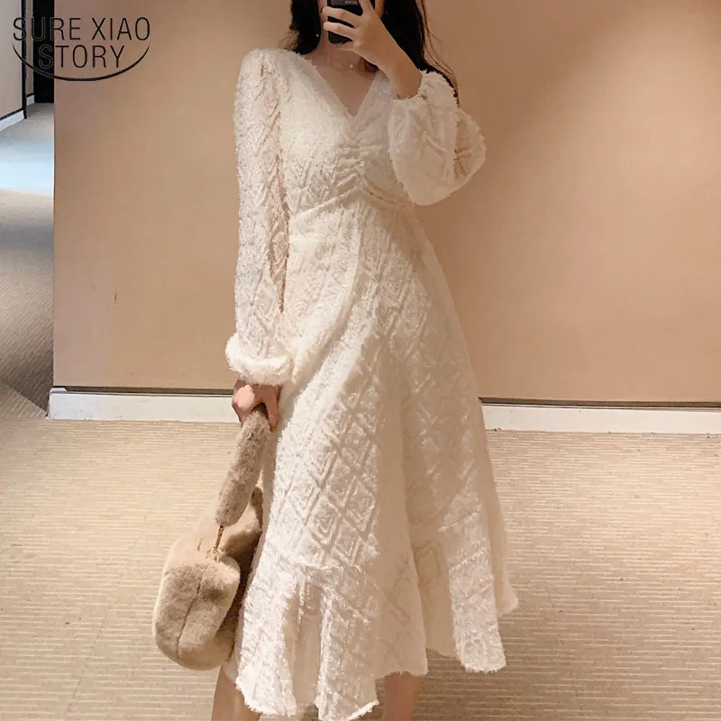 ファッションVネック秋ホワイトドレス女性PuffスリーブボディコンエレガントタッセルセクシーマキシES Vestido 11901 210508