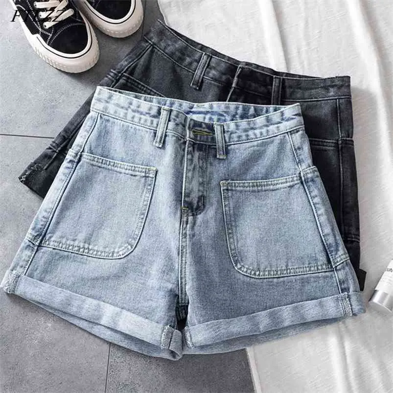 Mulheres streetwear bolso largo perna azul denim shorts verão casual feminino solto cintura alta calça jeans 210430