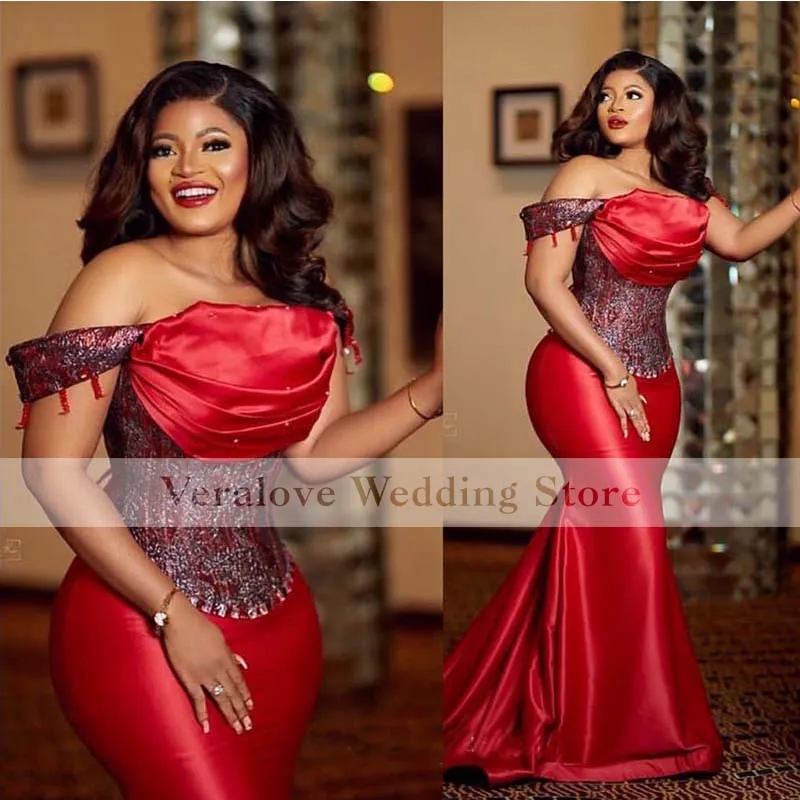 Pailletten Red Mermaid Prom Dress 2021 Off Shoulic Applicaties Kant Aso Ebi Afrikaanse Meisje Avond Party Jurken Vestido de Noiva