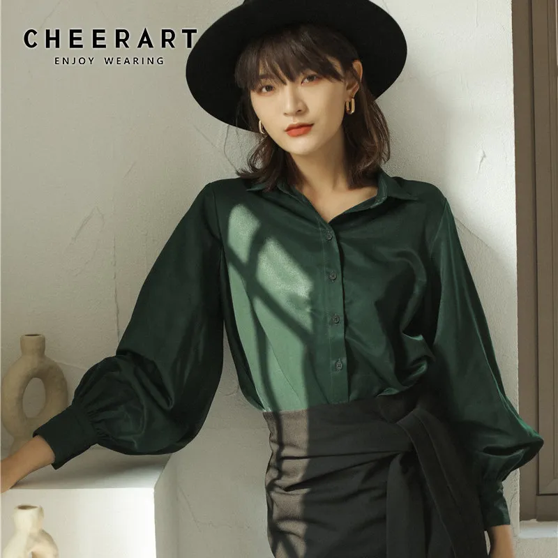 Fall Women Green Top Lantern Sleeve Blouse Button Up Collar Long Shirt Casual Autumn Ladies 210427