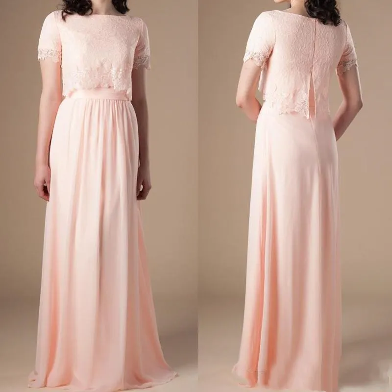 Rustieke roze chiffon bruidsmeisje jurk een lijn vloer lengte korte mouw boho strand bruidsmeisjes formele jurken top kant bemanning nek zomer bruiloft gasten jurken plus size