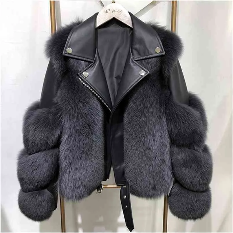 毛皮の冬のファッションの毛皮のコート毛皮の冬のファッションモトサイクルスタイルの高級毛皮の革のジャケット女性トレンディなオーバーコート210817