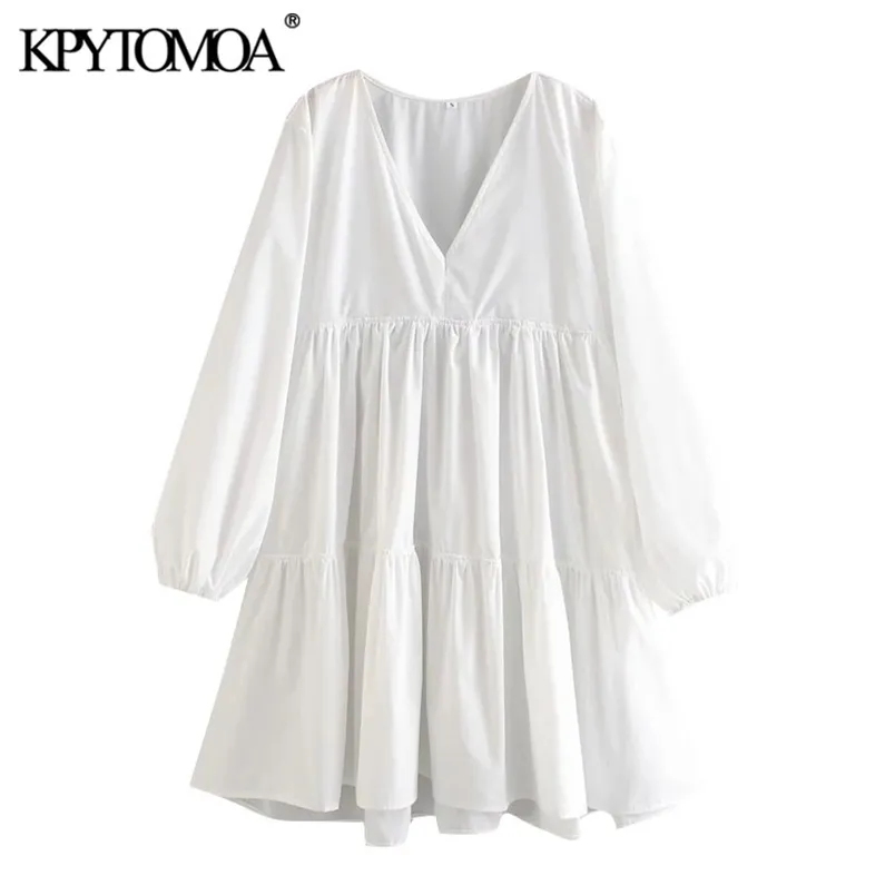 Kvinnor Chic Fashion Pleated Loose Mini Dress V Neck Långärmad Kvinna Klänningar Vestidos Mujer 210420