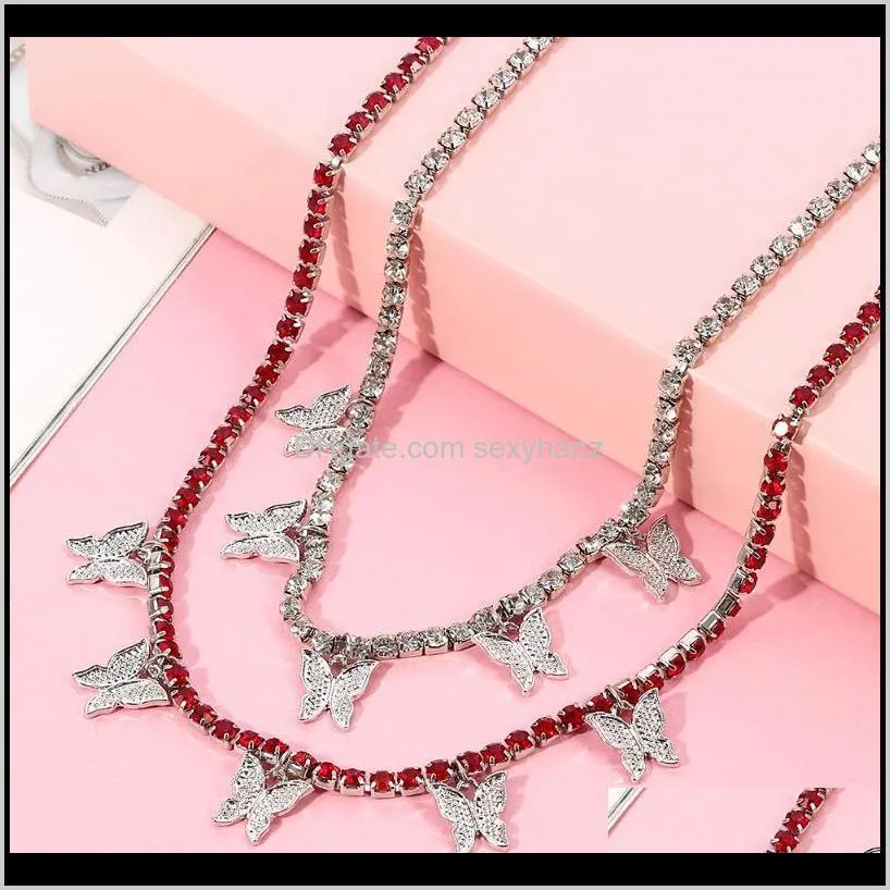 fashion beautiful double choker necklace butterfly necklace chain female shiny iced out crystal clavicle chain for women jewelry