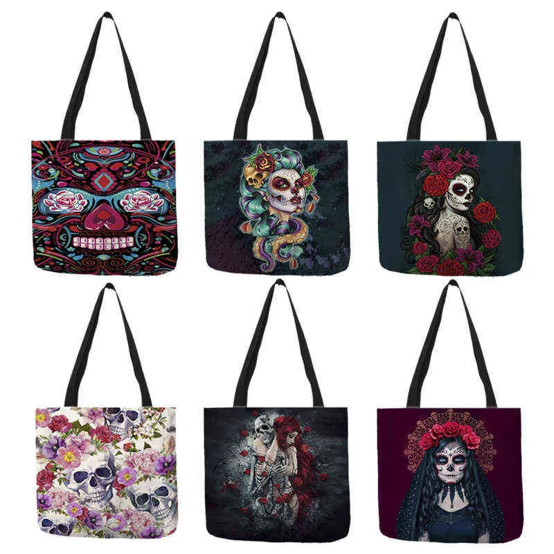 Dia do crânio floral morto impressão bolsas bolsas para mulheres halloween açúcar menina sacos de compras grande capacidade B01104