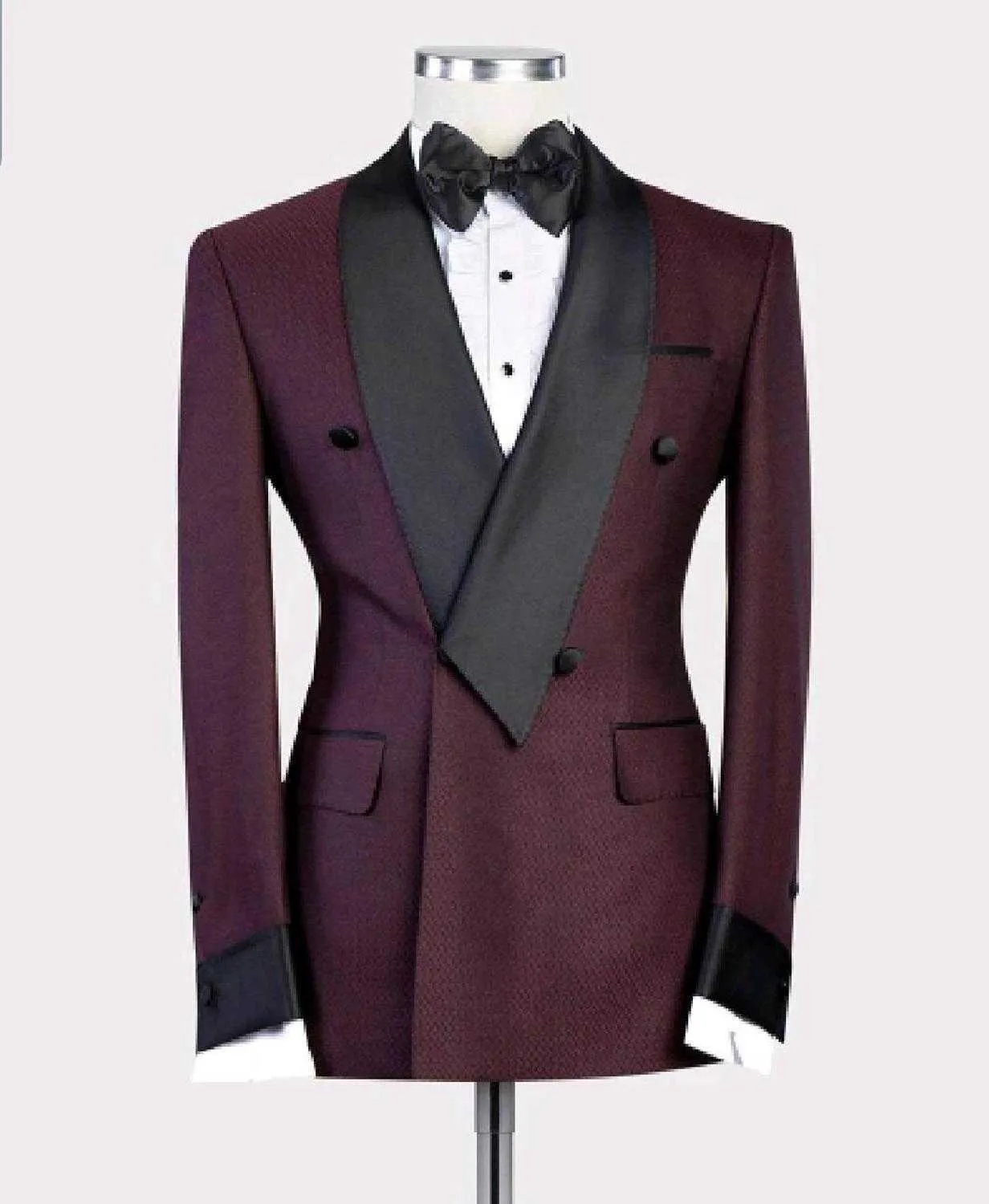 2020 Ny Bourgogne Red With Black Lapel Mäns Slim Fit Formell Kassar Skräddarsy 2 Pieces Bröllop Tuxedos Passar Jacka Byxor X0909