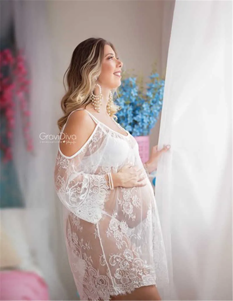 Zobacz przelotowe koronki fotograficzne rekwizyty Sukienka Ciąża Photo Shoot Short Dress Slip Strap Maternity Photo Sukienka Sukienka Q0713