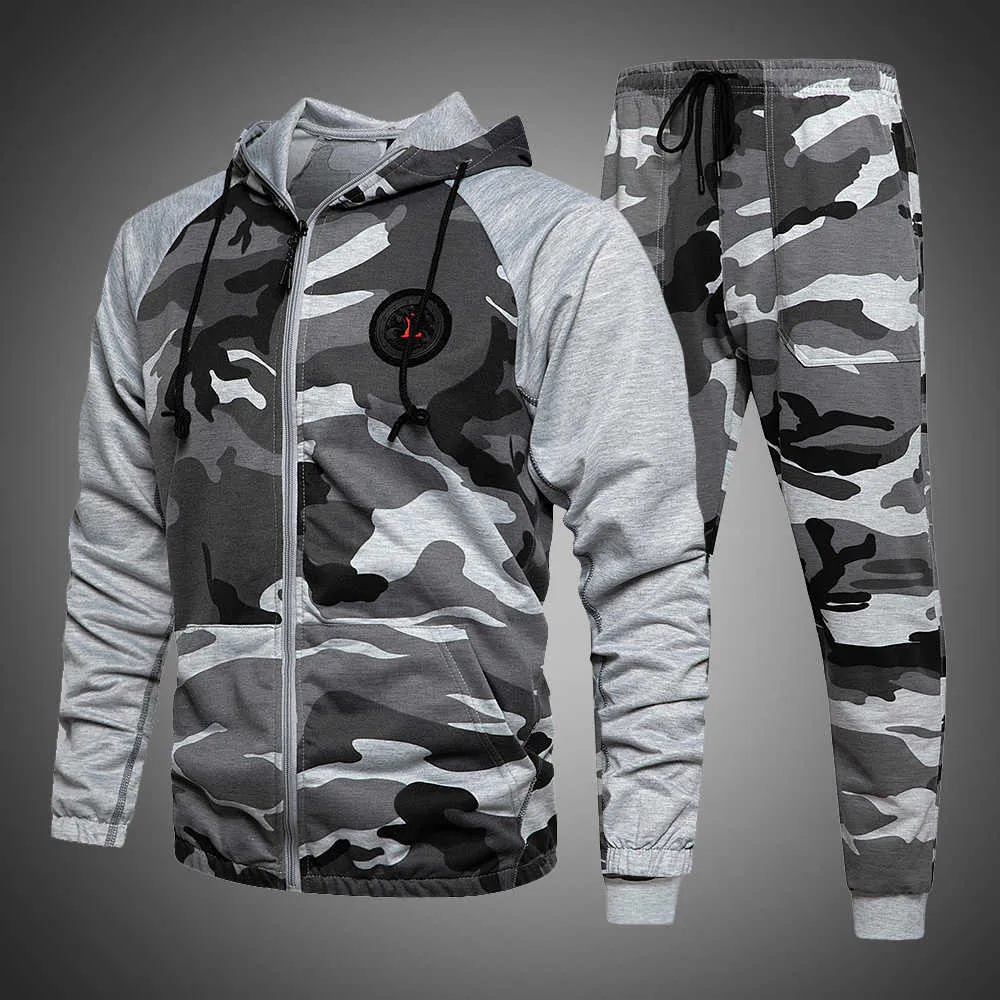 Mens Tracksuits Cinza Camuflage Hoodies e Calças Homens Running Terno Camo Sweatsuits 2 Piece Conjunto Outono Inverno Outfits homens 210603