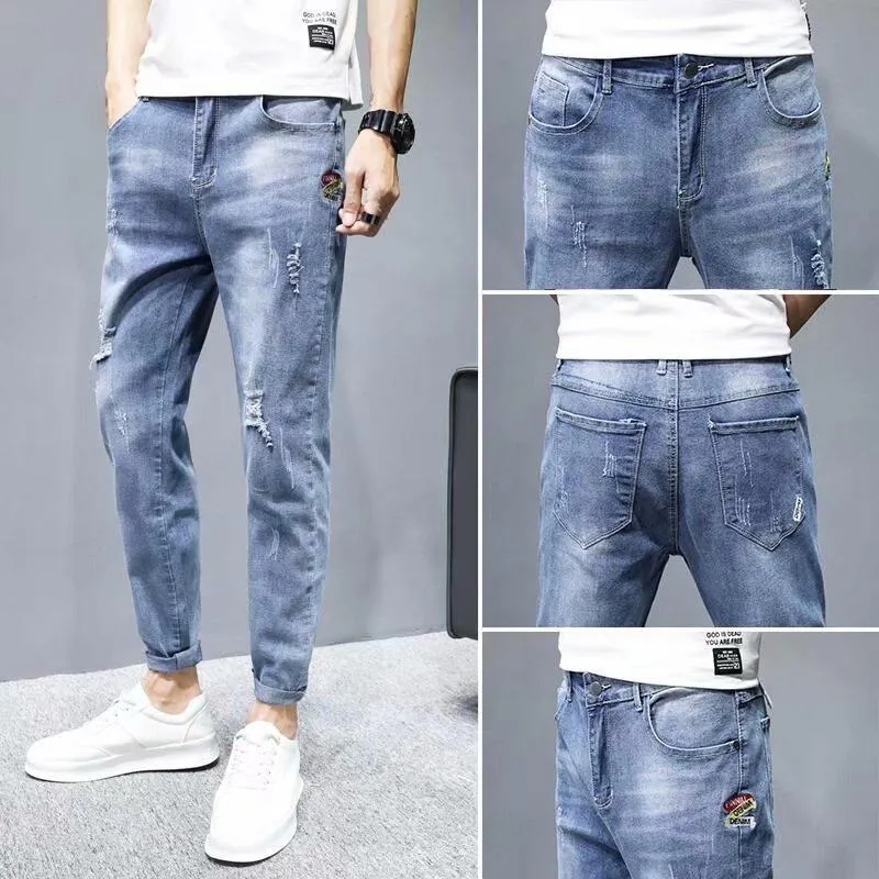 Fashion 2021 светлые джинсовые джинсы Мужские осенние тонкие разорванные вышившие брюки мальчики бренд с брендом All-Match Slim Teenger Pencil