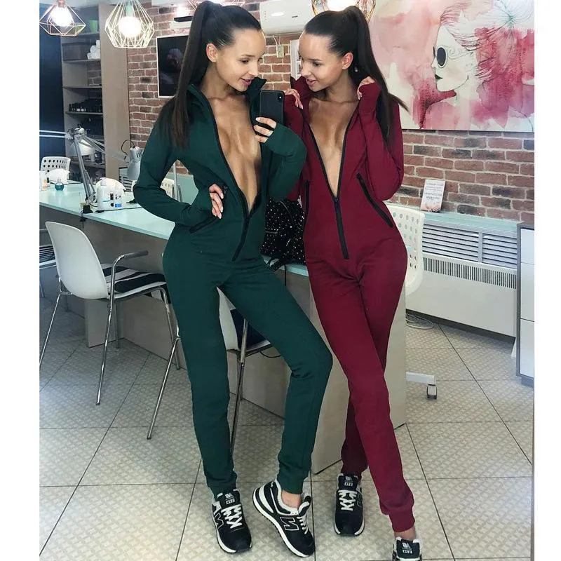 Dames Jumpsuits Rompertjes Fitness Herfst Vrouwen 2021 Lange Mouw Hooded Outfits Zipper Katoen Sexy Track Draag Jogging Bandage Bodycon Jumps