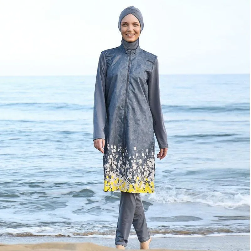 Swim Wear Muslim Swimwear 2021 Women Modest Patchwork Hijab Long Sleeves Sport Swimsuit 4pcs Islamic Burkinis Bathing Suit