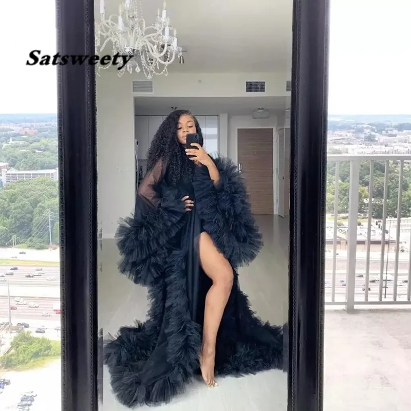 Chic See przez Tulle Prom Sukienka Ruffles Czarny Długi Kimono Wielopięciowy Ruched A-Line Suknie Wieczorowe Puffy Rękawy Afryki Cape Cloak